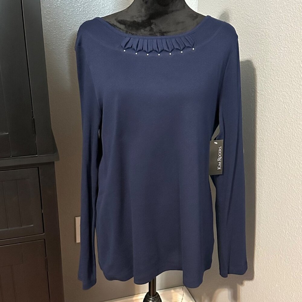 Kim Rogers Blouse  XL Navy Long Sleeve‎ Scoop Neck Top Embellished Modest NWT